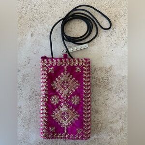 Embellished Fuchsia Crossbody Pouch with Gold Threading